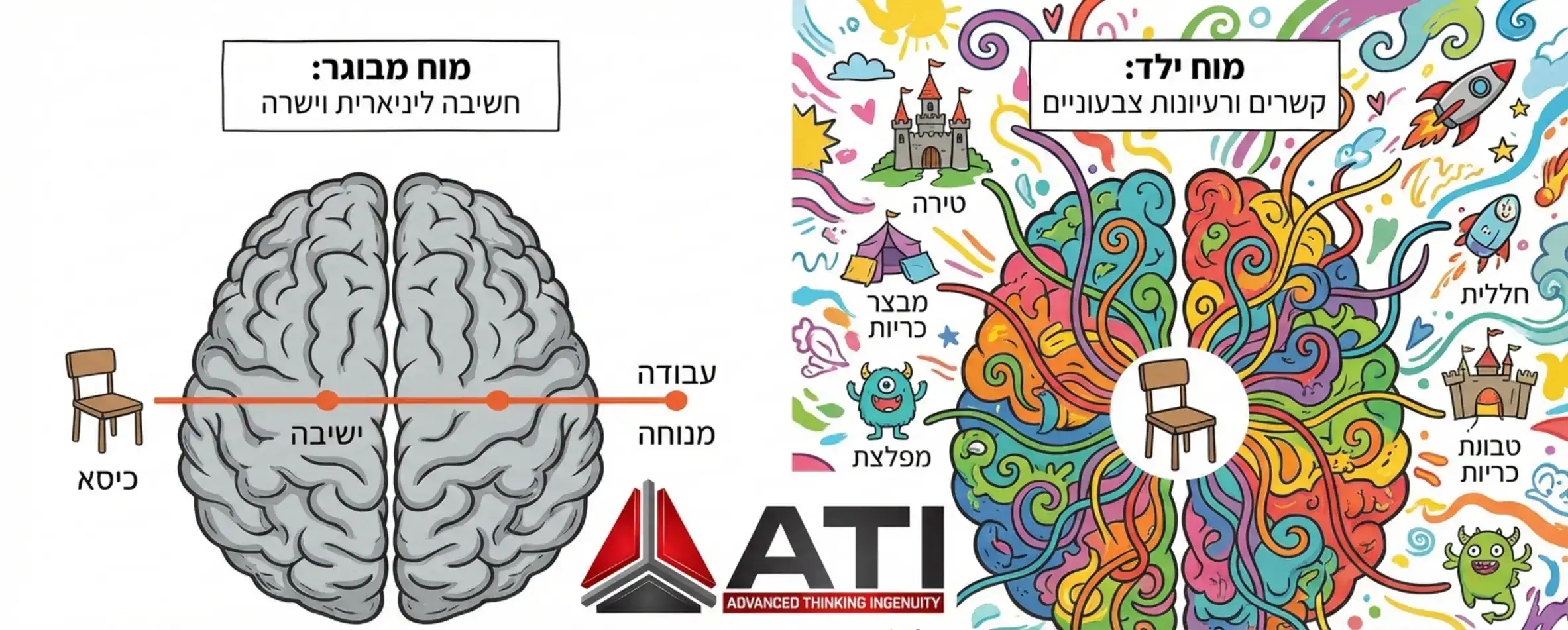 איור המשווה בין מוח של מבוגר שחושב בצורה ליניארית וישרה לבין מוח של ילד שמייצר עשרות קשרים ורעיונות צבעוניים סביב אובייקט אחד פשוט