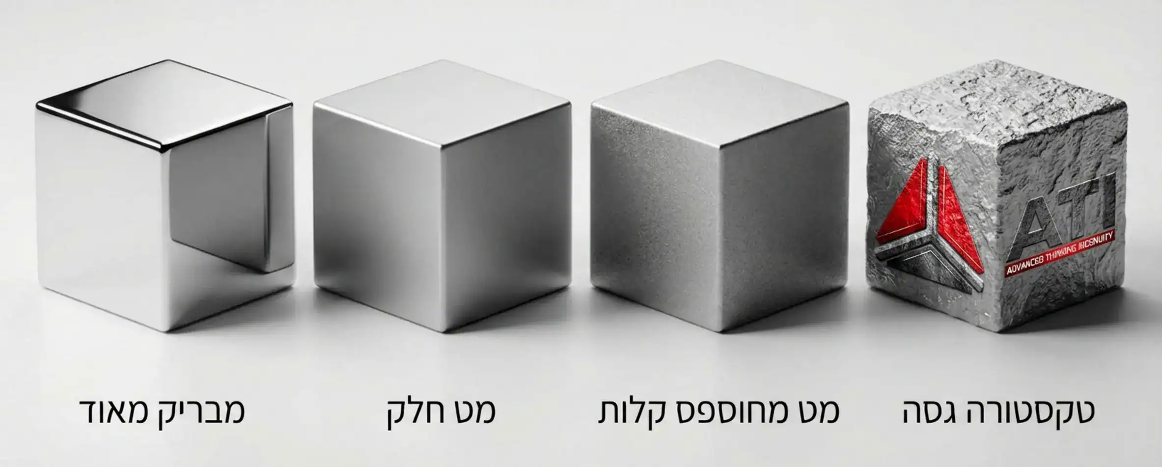 אינפוגרפיקה המציגה את ההבדל הוויזואלי בין ארבע רמות גימור שונות על אותו מוצר בדיוק: מבריק מאוד, מט חלק, מט מחוספס קלות, וטקסטורה גסה