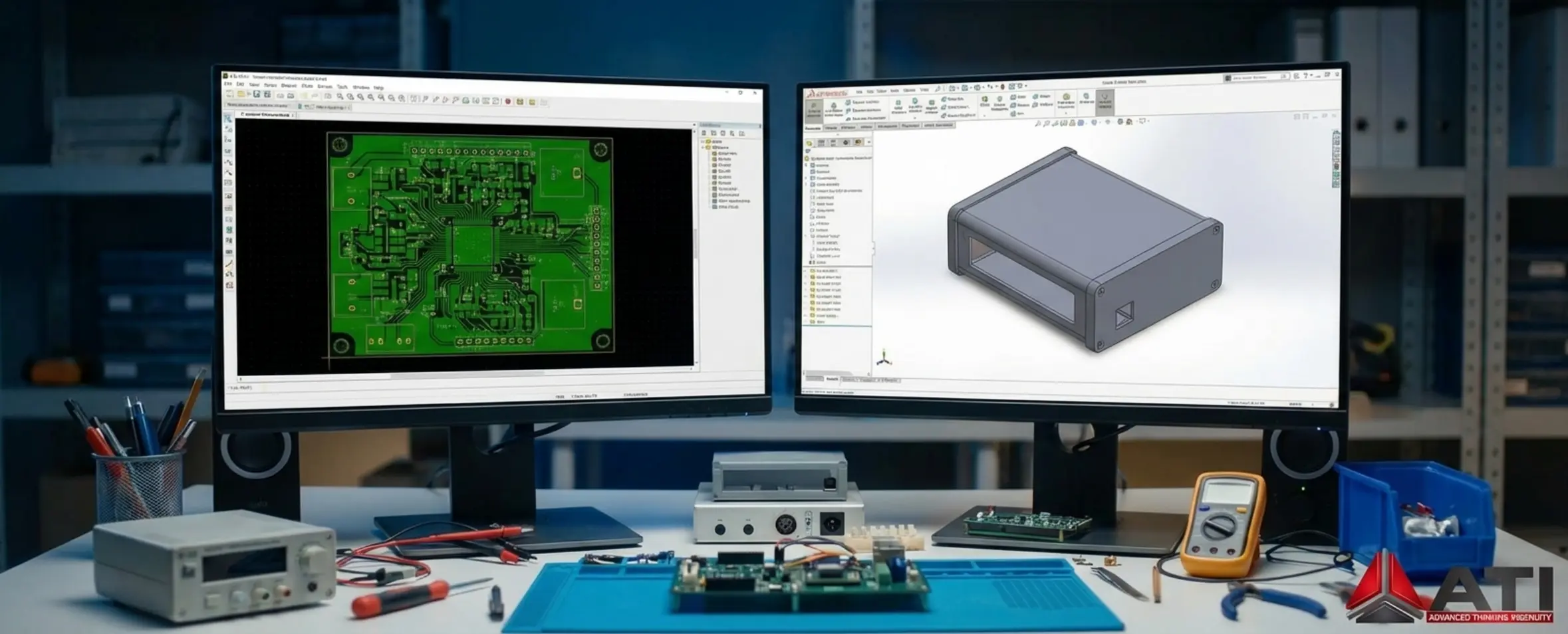 תמונה המציגה מסך מחשב כפול, בצד אחד תוכנת תכנון אלקטרוני עם שרטוט של לוח ירוק, ובצד השני תוכנת תלת מימד עם מודל של מארז אפור, וישנם קווים דיגיטליים המחברים ביניהם להמחשת הסינכרון