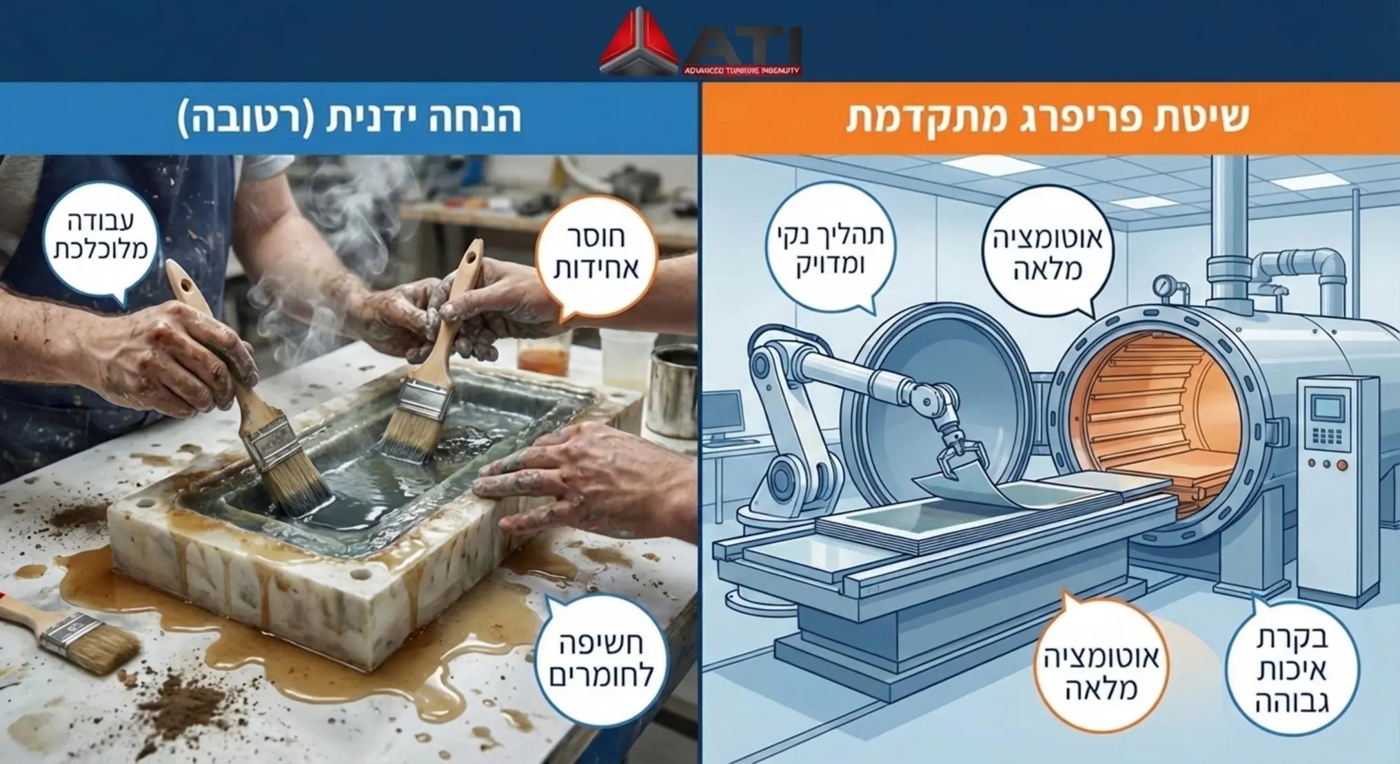 אינפוגרפיקה מקצועית המחלקת את המסך לשני חלקים ברורים, מציגה השוואה חזותית מפורטת בין תהליך הנחה ידנית עם מברשות, נוזלים ולכלוך בצד אחד, לעומת תהליך נקי ומדויק של שימוש ביריעות פריפרג המוכנסות לתנור לחץ תעשייתי רובוטי בצד השני