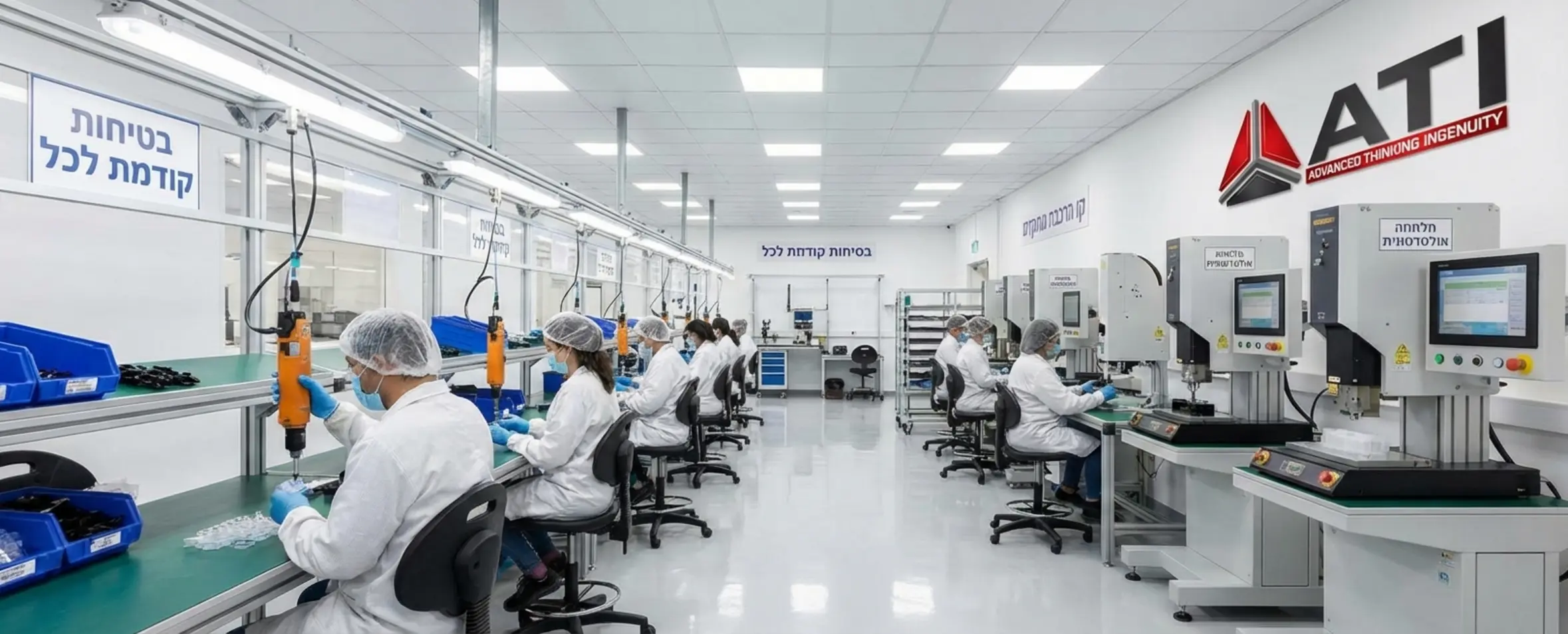 תמונה של קו ייצור נקי ומודרני בו פועלים מרכיבים חלקי פלסטיק קטנים תוך שימוש במברגים חשמליים תלויים ומכונות הלחמה אולטרסוניות מתקדמות