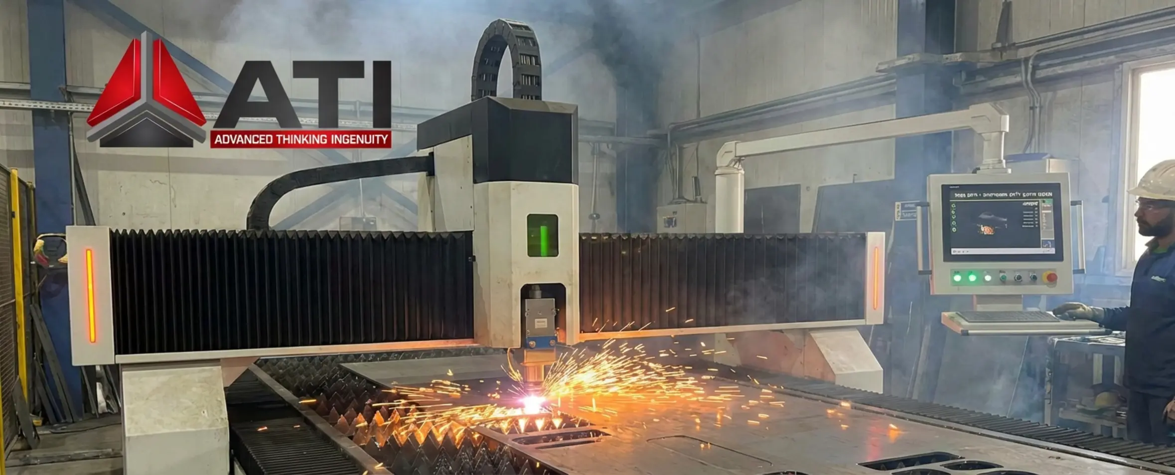 תמונה ריאליסטית של מכונת חיתוך לייזר תעשייתית בפעולה, חותכת לוח מתכת עם גיצים עפים, המדגימה דיוק גבוה בתהליך הייצור